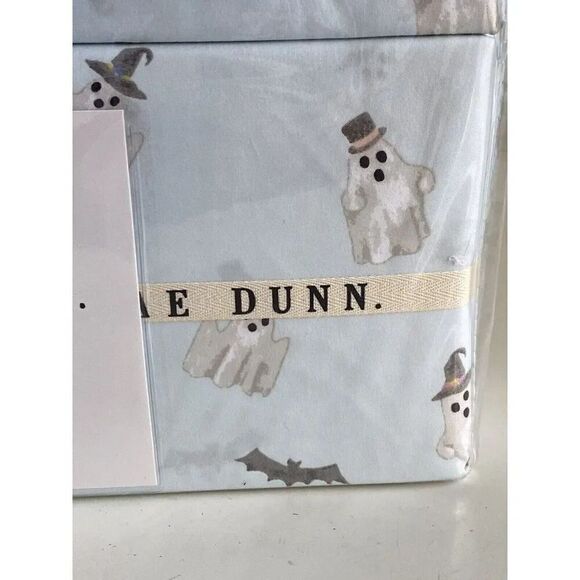 4 Pc Rae Dunn Halloween QUEEN Sheet Set Halloween Ghosts With Hats Boo Bats Blue - Picture 4 of 12